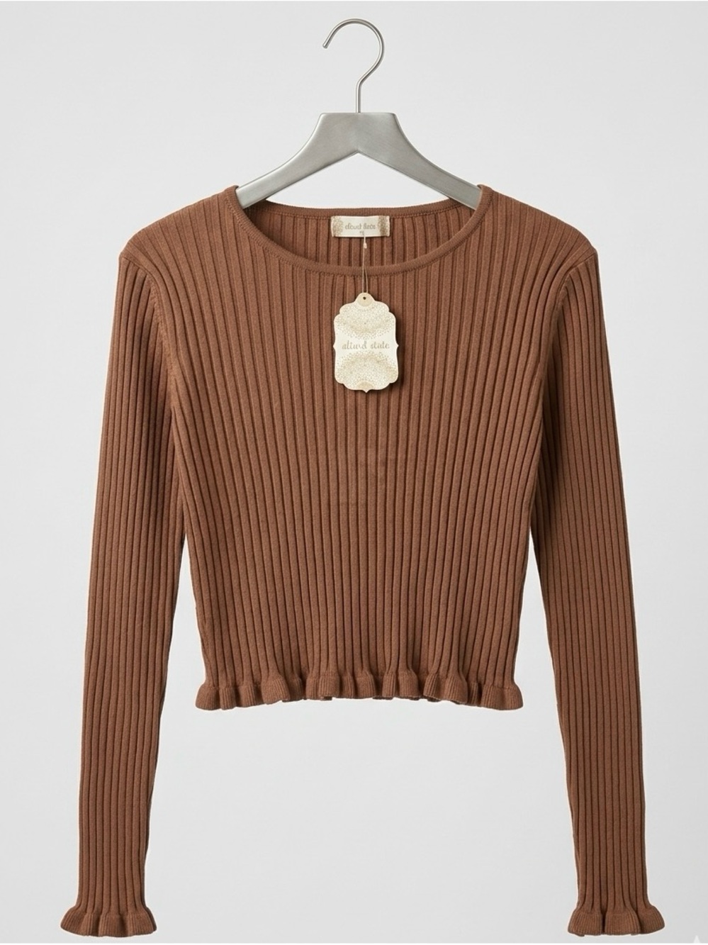NWT Altar'd State Brown Ribbed Long-Sleeve Crop Top with Ruffle sleeve and hem.